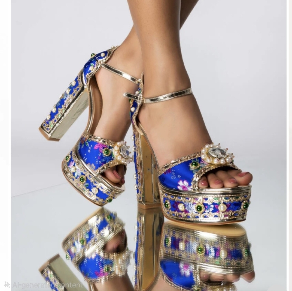 AZALEA WANG SAPPHIRE BLUE SATIN JEWELED PLATFORM SANDALS